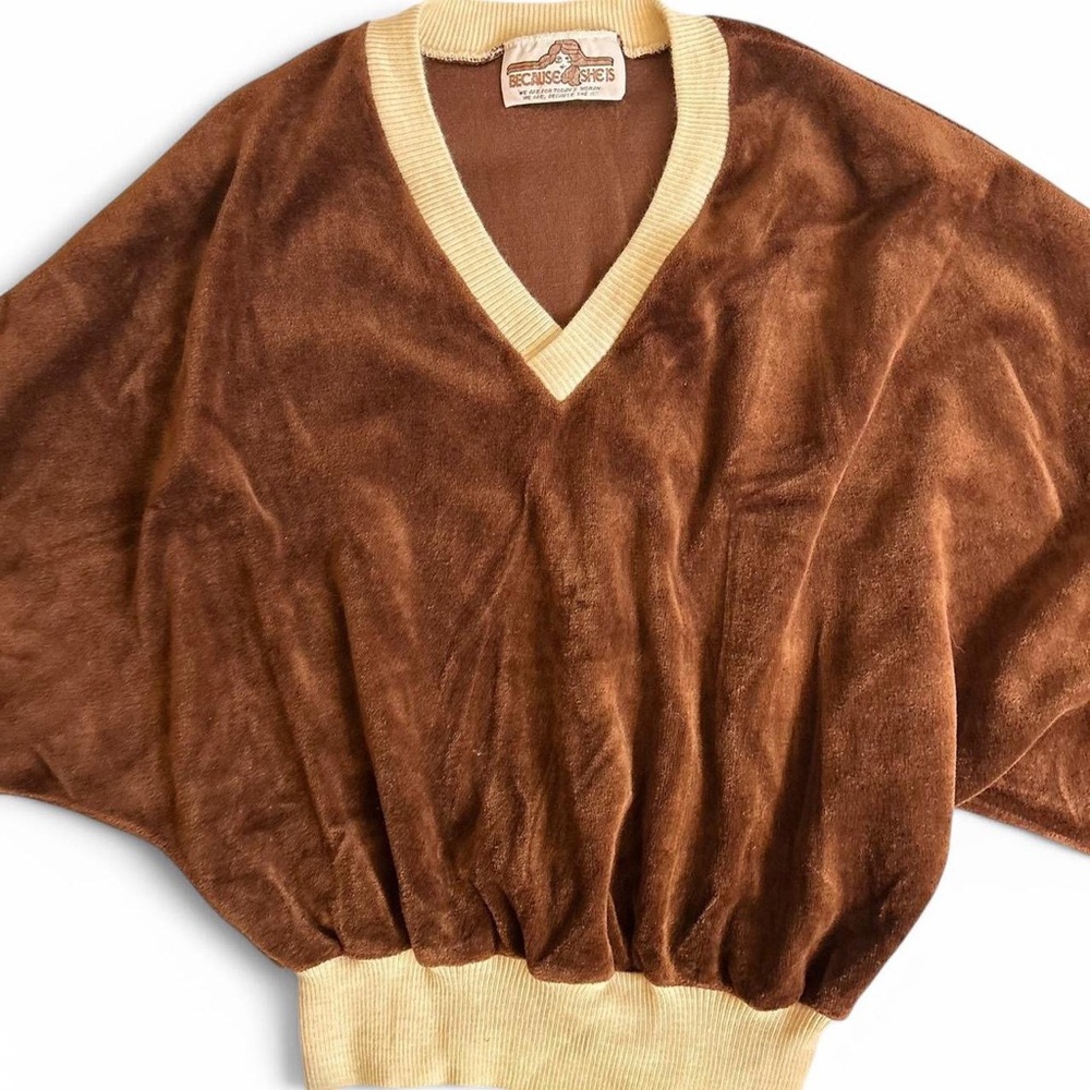 Vintage 70’s Brown Velour V-Neck Sweater with Cream Trim